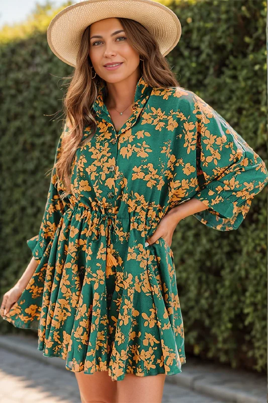 Blue Zone Planet |  Printed Three-Quarter Sleeve Mini Dress Stylish Plaid Mini Dress