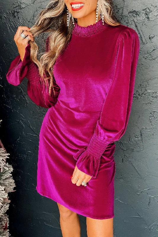 Blue Zone Planet | Rose Red Smocked Mock Neck Ruffled Puff Sleeve Velvet Mini Dress Stylish Button-Down Mini Dress Blue Zone Planet | Rose Red Smocked Mock Neck Ruffled Puff Sleeve Velvet Mini Dress Stylish Button-Down Mini Dress