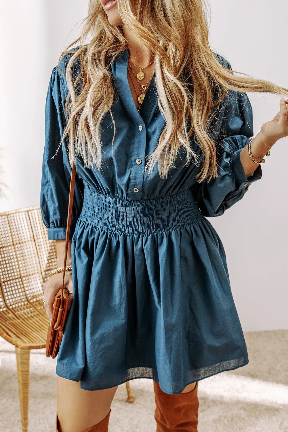 Blue Zone Planet | Smocked Half Button Three-Quarter Sleeve Mini Dress Trendy Button-Detail Mini Dress Blue Zone Planet | Smocked Half Button Three-Quarter Sleeve Mini Dress Trendy Button-Detail Mini Dress