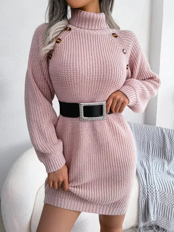 Blue Zone Planet | Button high neck long sleeve mini dress Stylish Plaid Mini Dress