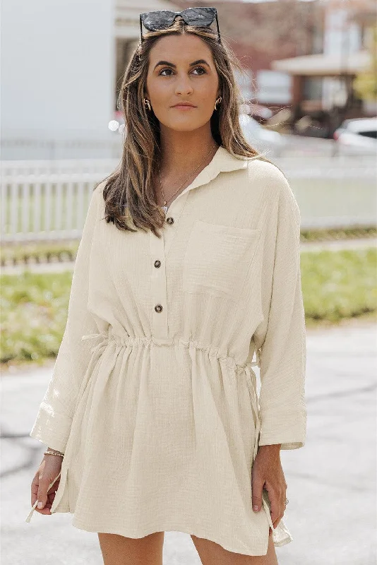 Button-Up Long Sleeve Collared Neck Mini Dress Fashionable Pleated Mini Dress