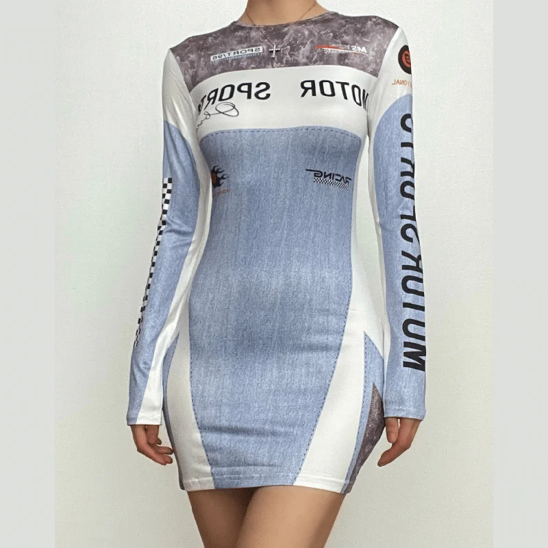 Contrast print long sleeve crewneck mini dress Stylish Floral Print Mini Dress