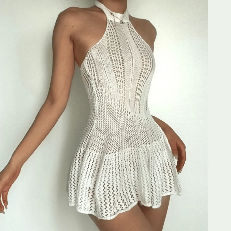 Crochet solid backless sleeveless halter self tie mini dress Cozy T-Shirt Mini Dress Crochet solid backless sleeveless halter self tie mini dress Cozy T-Shirt Mini Dress