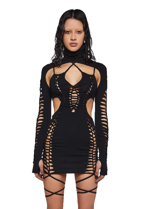 Crossfade Shredded Mini Dress With Shrug Fashionable Boho-Chic Mini Dress