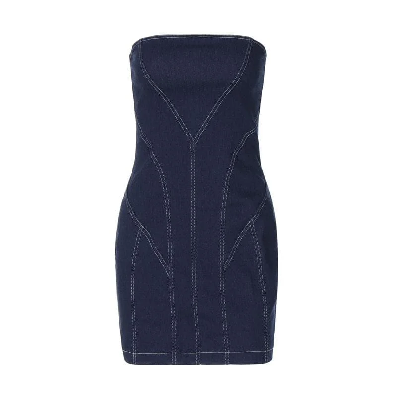 Denim stitch zip-up backless tube mini dress Modern Satin Mini Dress