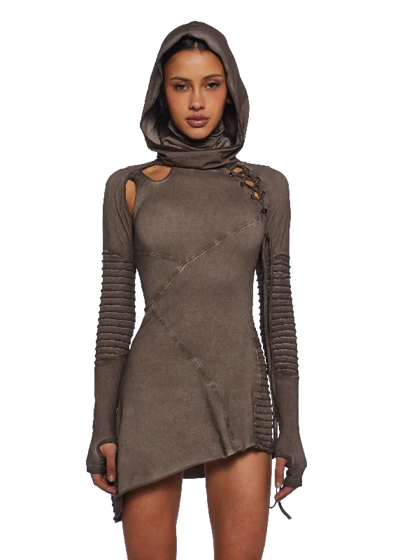 Frequency Asymmetrical Hooded Mini Dress - Earthen Stylish Short-Sleeve Mini Dress