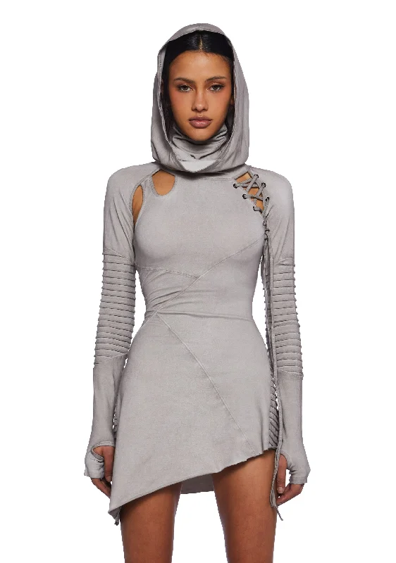 Frequency Asymmetrical Hooded Mini Dress - Ecru Elegant Mini Dress with Pleats
