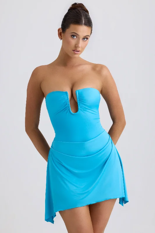 Slinky Jersey Draped A-Line Mini Dress in Aqua Blue Stylish Sweetheart Mini Dress