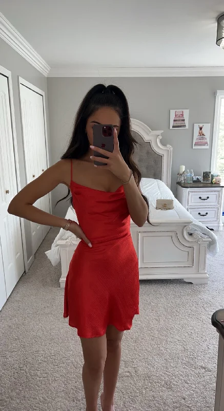 RUNAWAY THE LABEL RED SATIN MINI DRESS Fashionable Pleated Mini Dress