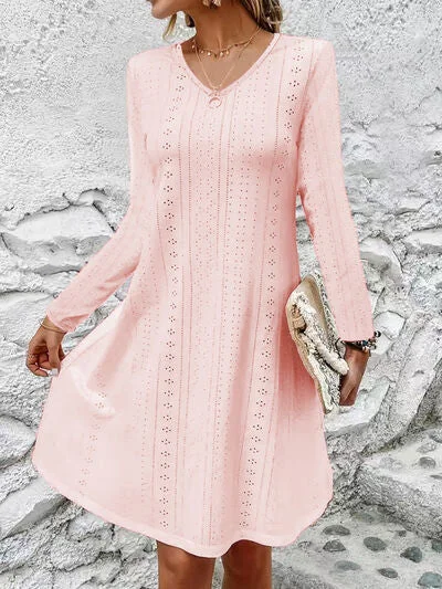 Blue Zone Planet |  Eyelet V-Neck Long Sleeve Mini Dress Casual Button-Up Mini Dress