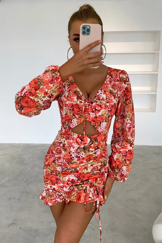 Floral Cutout Long Sleeve Mini Dress Stylish Short-Sleeve Mini Dress