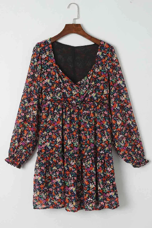 Floral Long Sleeve Mini Dress Comfortable Ruffle Mini Dress