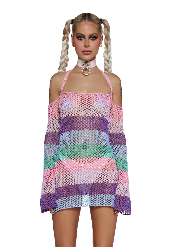 Funday Vibes Crochet Mini Dress - Pastel Elegant Velvet Mini Dress