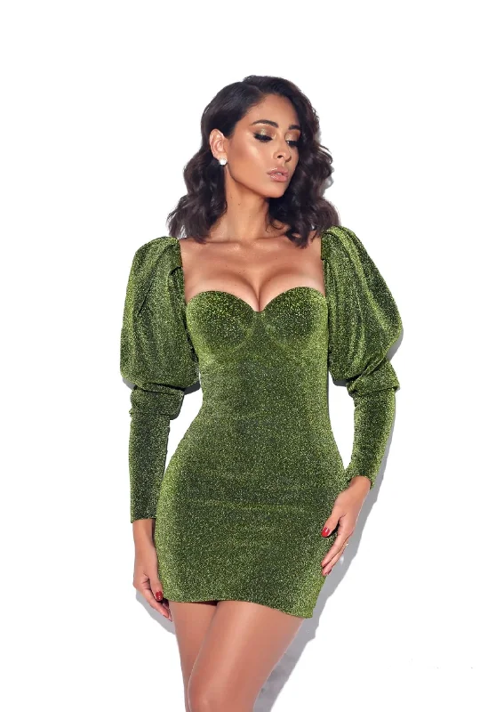 GREEN METALLIC PUFF SHOULDER MINI DRESS Trendy Camisole Mini Dress