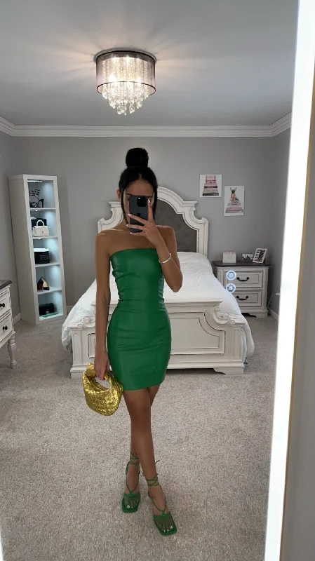 GREEN LEATHER MINI DRESS Cozy Ruched Mini Dress