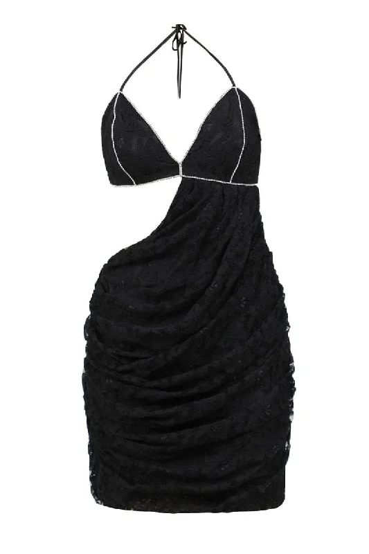 GUIPURE CRUMPLED BLACK MINI DRESS Classic Floral Print Mini Dress