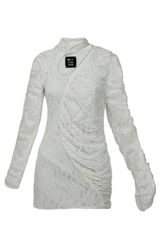 GUIPURE CRUMPLED WHITE MINI DRESS Cozy Cowl Neck Mini Dress