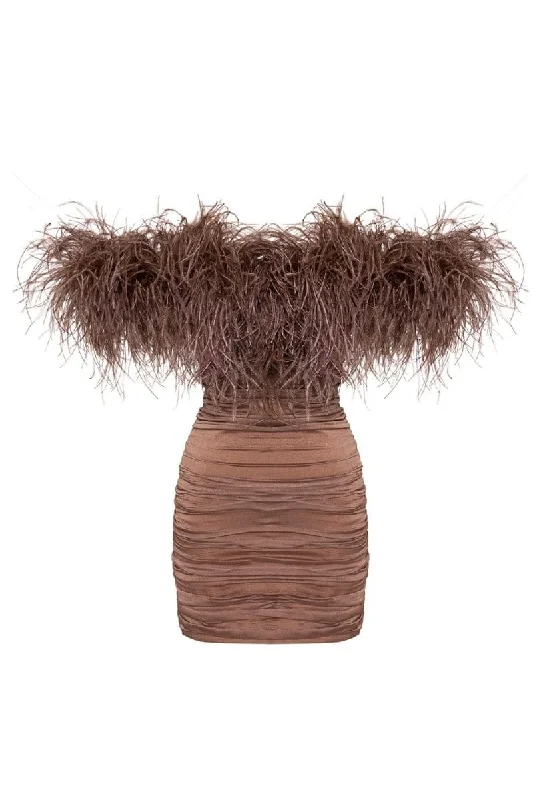 KAIA MOCHA FEATHER MINI DRESS Comfortable One-Shoulder Mini Dress