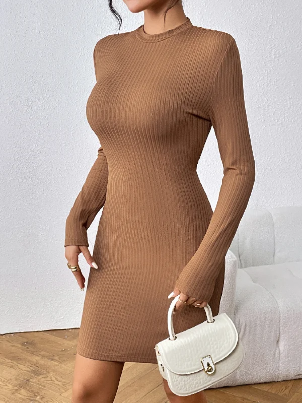 Long Sleeve Ribbed Mini Dress Fashionable Polka Dot Mini Dress