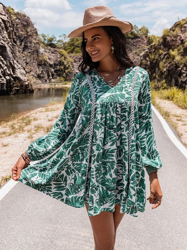 Long Sleeve V-Neck Mini Dress Cozy Cotton Mini Dress