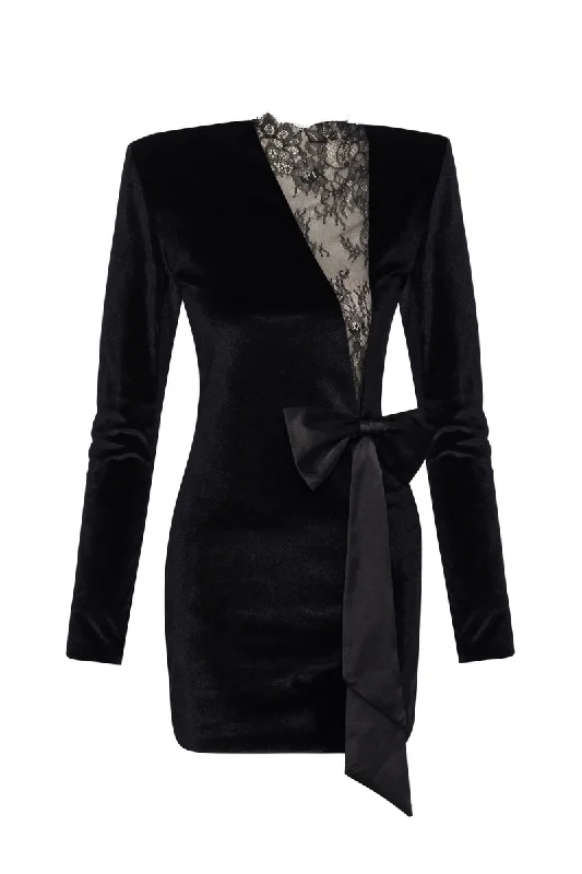 MOLLY BLACK VELVET LACE MINI DRESS Trendy Off-Shoulder Dress Mini