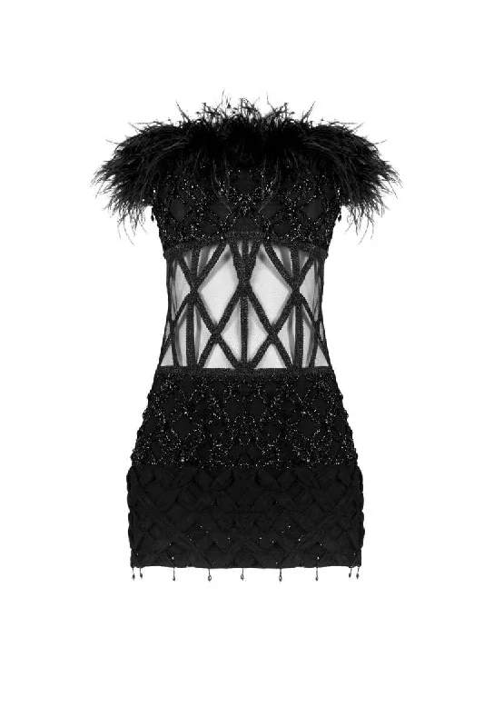 MONA FEATHER-TRIMMED EMBELLISHED MINI DRESS Chic Tropical Mini Dress