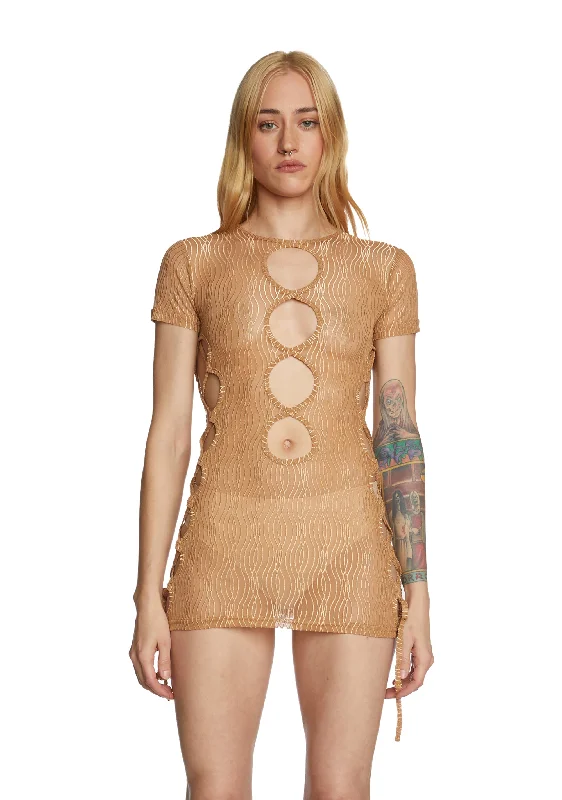Eternal Appeal Mini Dress - Light Brown Fashionable Lace-Trim Mini Dress