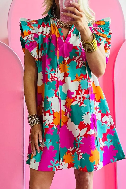 Blue Zone Planet | Multicolour Floral Tie Split Neck Flutter Sleeve Mini Dress Chic Pleated Mini Dress Blue Zone Planet | Multicolour Floral Tie Split Neck Flutter Sleeve Mini Dress Chic Pleated Mini Dress