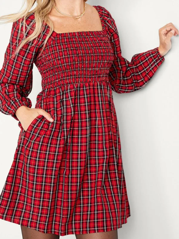 Blue Zone Planet | New plaid square collar plaid long sleeve slim Empire waist mini dress Chic Halter Mini Dress Blue Zone Planet | New plaid square collar plaid long sleeve slim Empire waist mini dress Chic Halter Mini Dress