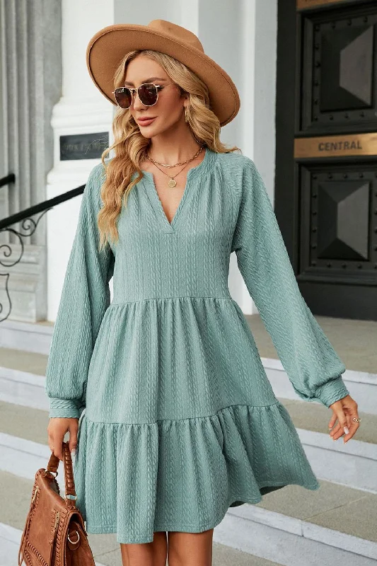 Notched Neck Long Sleeve Mini Dress Classic White Mini Dress