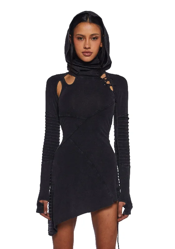 Frequency Asymmetrical Hooded Mini Dress - Black Fashionable Mini Dress with Frills
