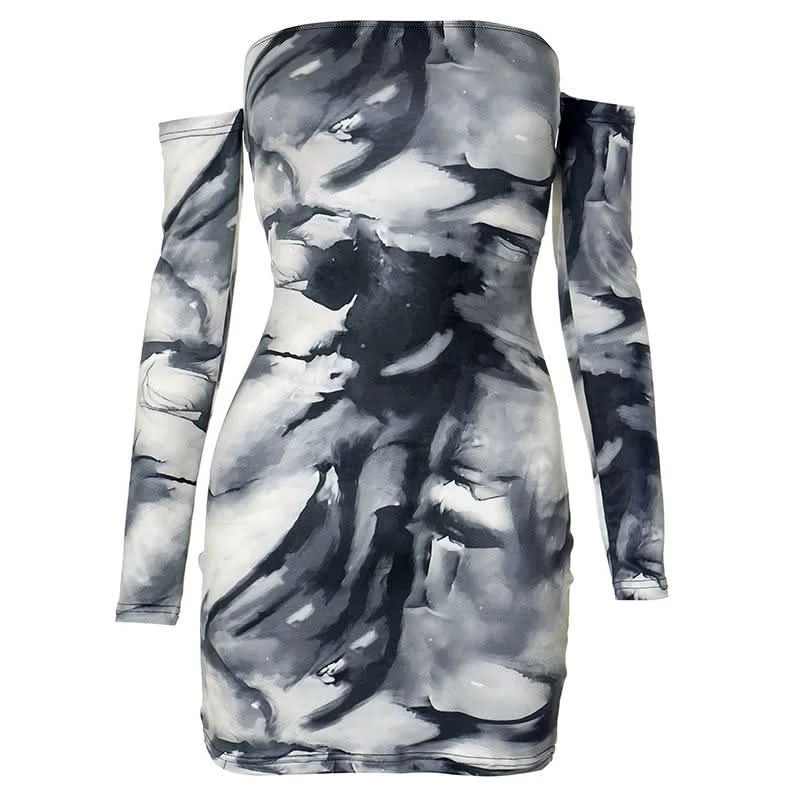 Off shoulder tie dye print long sleeve mini dress Fashionable Lace Mini Dress