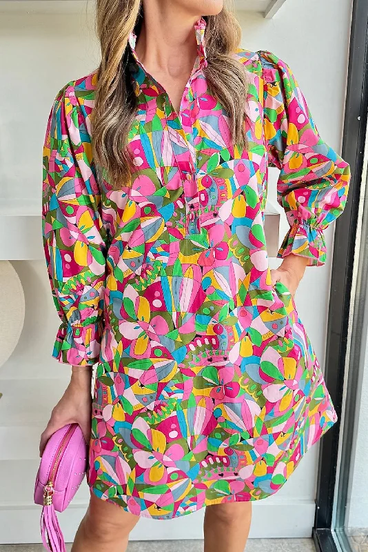 Blue Zone Planet | Pink Abstract Printed Lantern Sleeve Buttoned Mini Dress Chic Mini Dress with V-Neck Blue Zone Planet | Pink Abstract Printed Lantern Sleeve Buttoned Mini Dress Chic Mini Dress with V-Neck