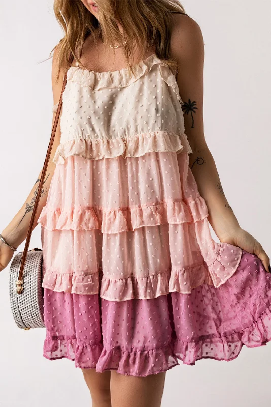 Blue Zone Planet |  Pink Ombre Swiss Dot Ruffled Tiered Mini Dress Stylish Puff Sleeve Mini Dress