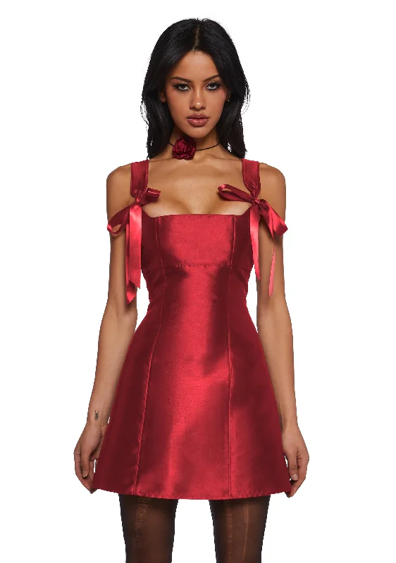 Pixie Stardust Mini Dress - Red Elegant Satin Lace Mini Dress