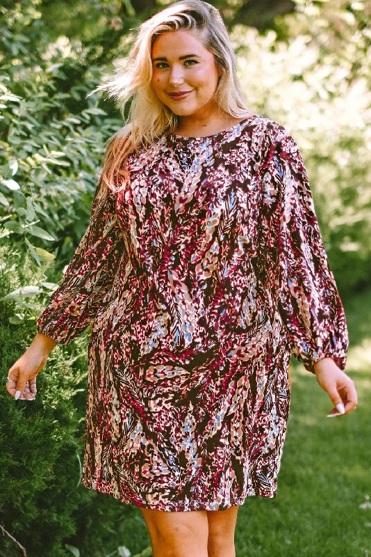 Plus Size Printed Round Neck Long Sleeve Mini Dress Trendy Bodycon Mini Dress