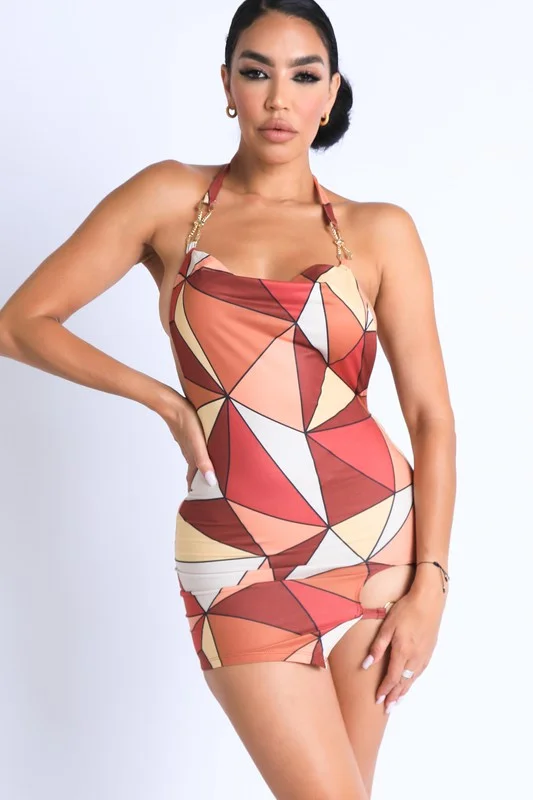 PRINT HALTER MINI DRESS Stylish Sweetheart Mini Dress