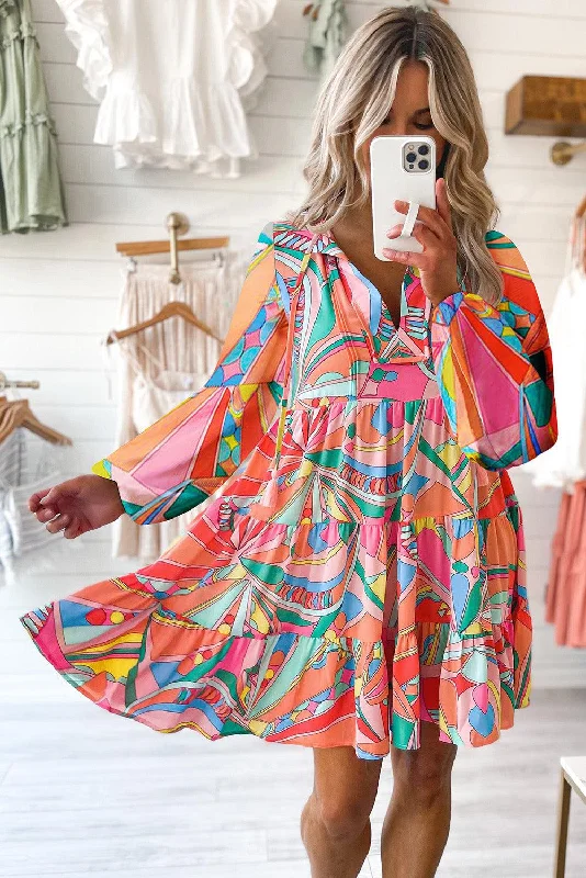Printed Long Sleeve Tie Neck Mini Dress Fashionable Party Mini Dress