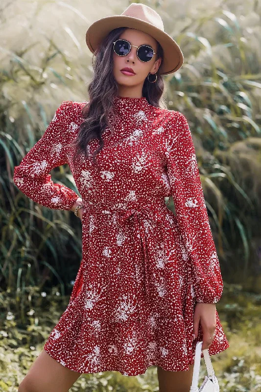 Printed Mock Neck Long Sleeve Tie Waist Mini Dress Elegant Floral-Print Mini Dress