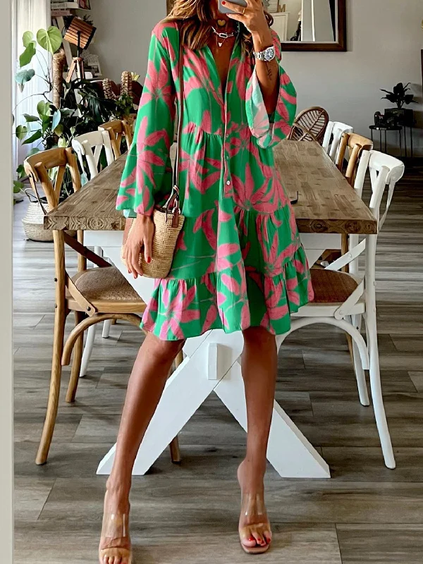 Blue Zone Planet |  Printed Notched Long Sleeve Mini Dress Stylish Plaid Mini Dress