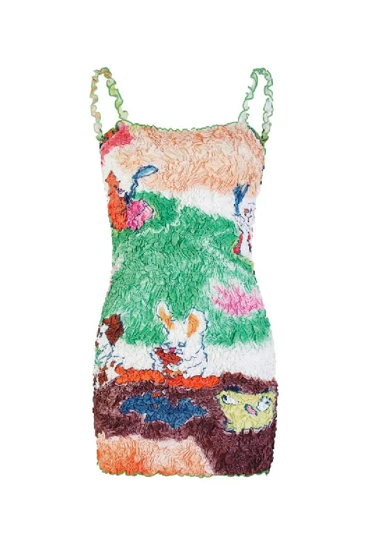PRINTED SMOCKED SQUARE NECK MINI DRESS Elegant Mini Dress with Pleats