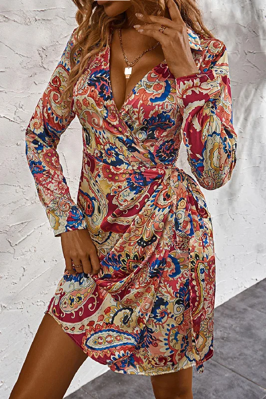 Printed Surplice Neck Long Sleeve Mini Dress Comfortable Smocked Mini Dress