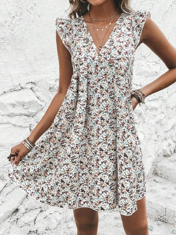 Blue Zone Planet |  Printed V-Neck Cap Sleeve Mini Dress Trendy Button-Detail Mini Dress