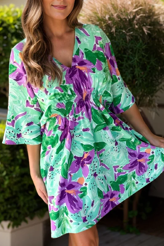 Blue Zone Planet |  Printed V-Neck Half Sleeve Mini Dress Elegant Silk Mini Dress