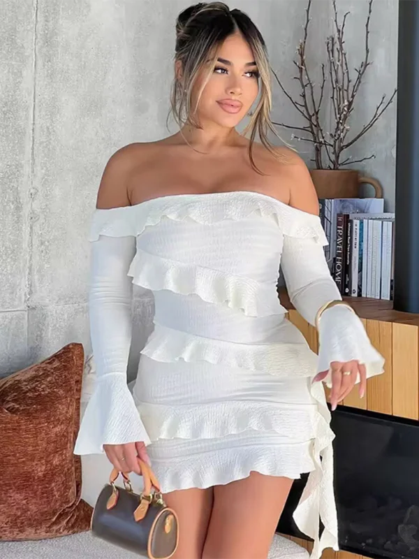 Rosa's Off-shoulder Ruffled Trumpet Sleeve Ribbon Mini Dress Elegant Satin Lace Mini Dress Rosa's Off-shoulder Ruffled Trumpet Sleeve Ribbon Mini Dress Elegant Satin Lace Mini Dress
