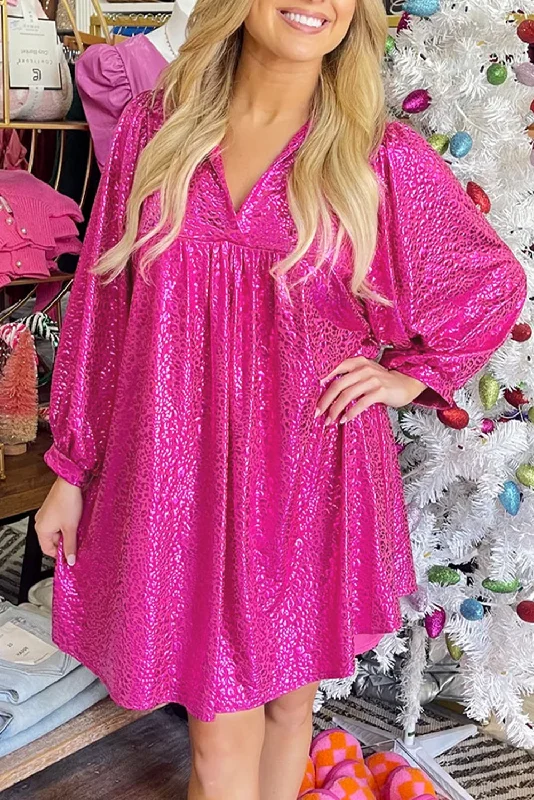 Blue Zone Planet | Rose Red Metallic Leopard Print Collared Babydoll Mini Dress Comfortable Ruffle Mini Dress Blue Zone Planet | Rose Red Metallic Leopard Print Collared Babydoll Mini Dress Comfortable Ruffle Mini Dress