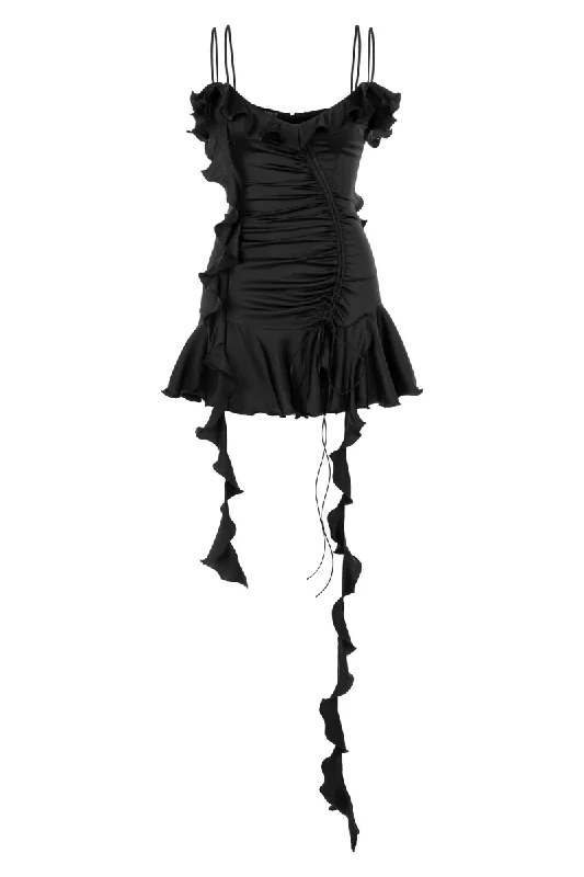 RUFFLE BLACK MINI DRESS Trendy Off-Shoulder Dress Mini