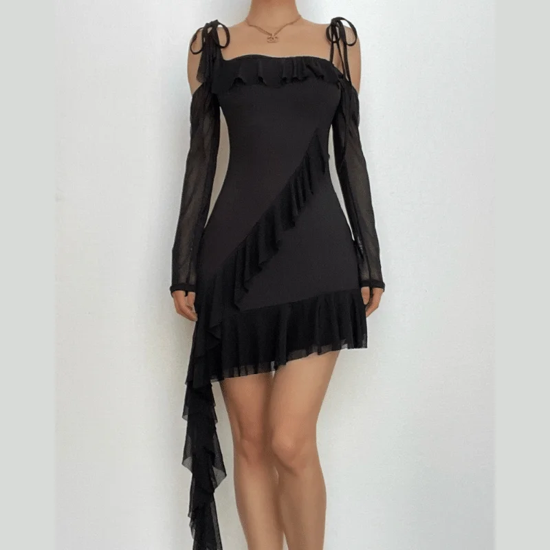 Ruffle self tie irregular off shoulder mesh long sleeve mini dress Stylish Summer Mini Dress Ruffle self tie irregular off shoulder mesh long sleeve mini dress Stylish Summer Mini Dress