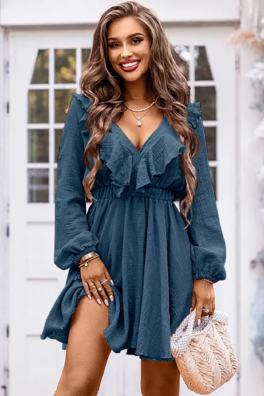 Ruffle Trim V-Neck Long Sleeve Mini Dress Cozy Jersey Mini Dress