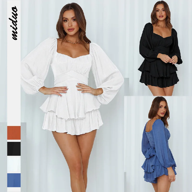 Sexy Square Neckline Long Sleeves Women Mini Dresses Trendy Lace Mini Dress